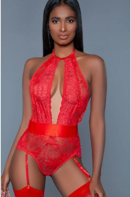 Satin Trimmed Floral Lace Bodysuit