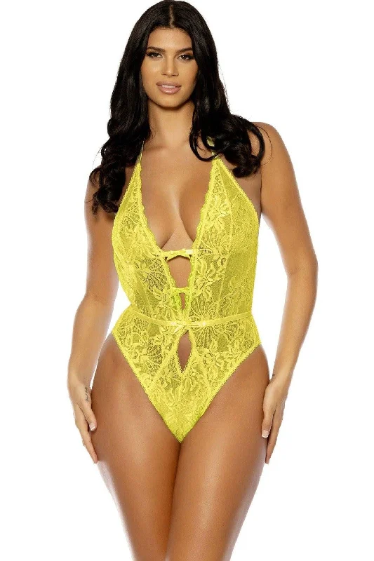 Soft Cup Lace Teddy with Open Gusset and Open Back | Yellow