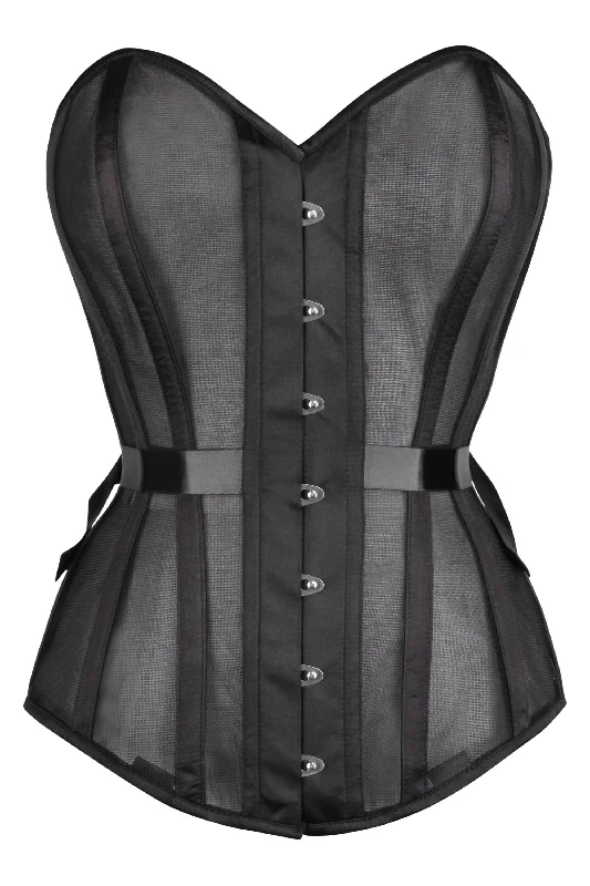 Black Longline Overbust Mesh Corset with Fan Ribbon Lacing