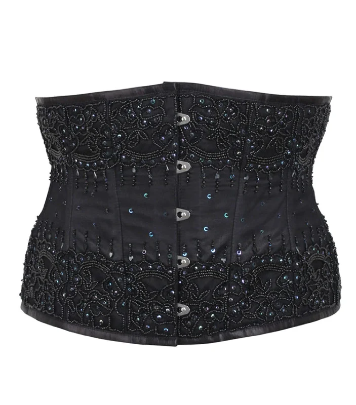 Black Satin Embroidered Waist Reducing Underbust Corset