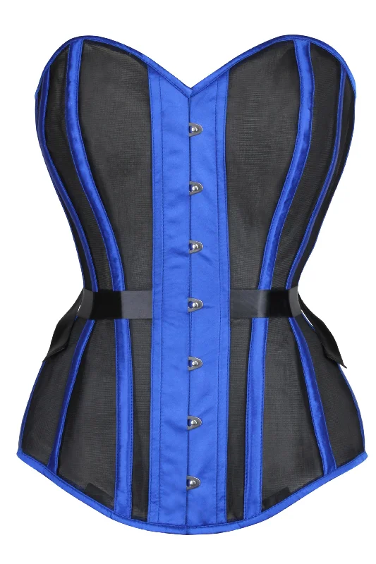 Blue Longline Overbust Mesh Corset with Fan Ribbon Lacing