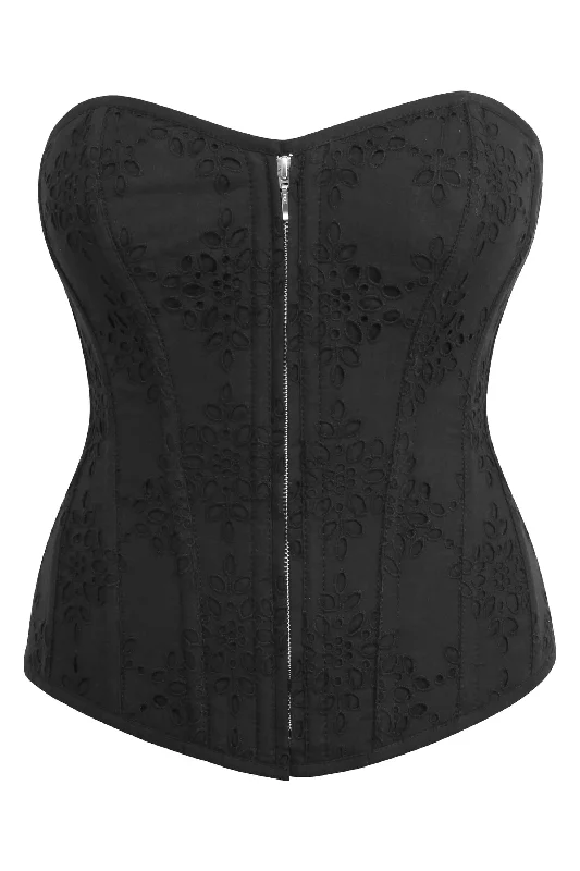 Dahlia Black Broderie Anglaise Cotton Overbust Corset with Zip Front