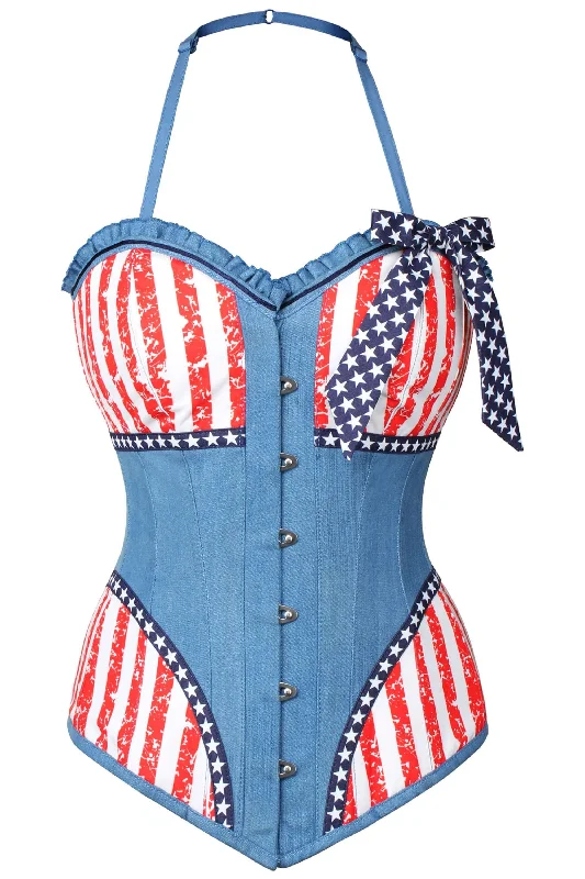 Distressed Denim USA Flag Overbust Corset With Halterneck