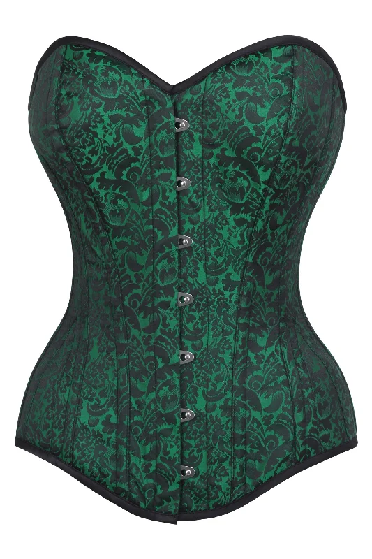 Long Green Brocade Pattern Corset With Hip Gores