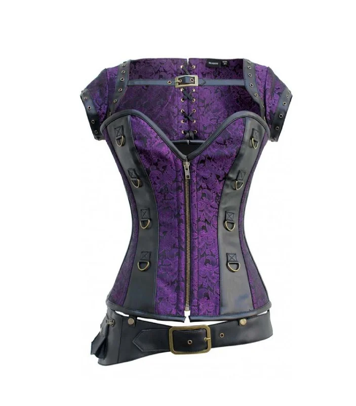 Purple Brocade & Black Faux Leather Gothic Overbust Corset