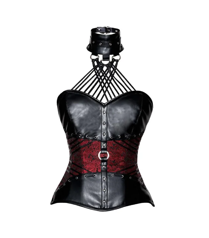 Red Brocade & Black Faux Leather Overbust Corset