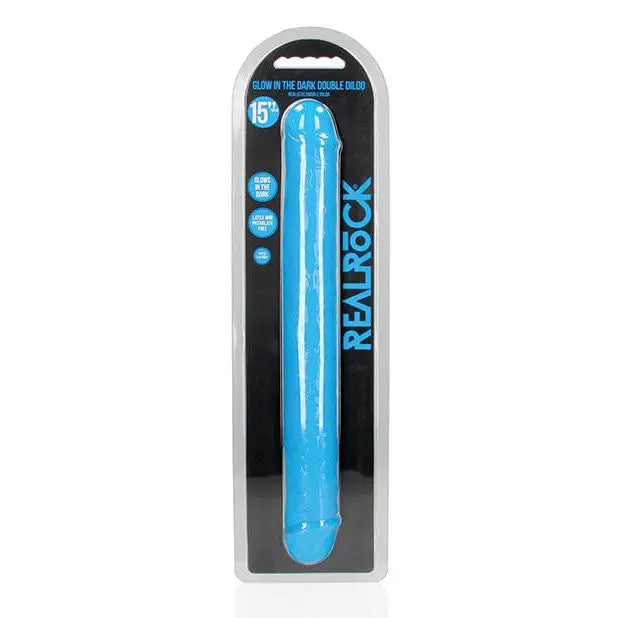 RealRock Glow in the Dark Double Dong 15 in. Dual-Ended Dildo Neon Blue