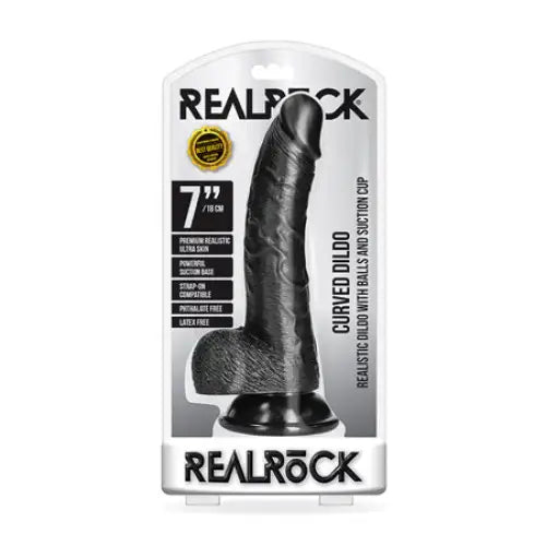 RealRock Realistic 7 in. Curved Dildo With Balls and Suction Cup Black