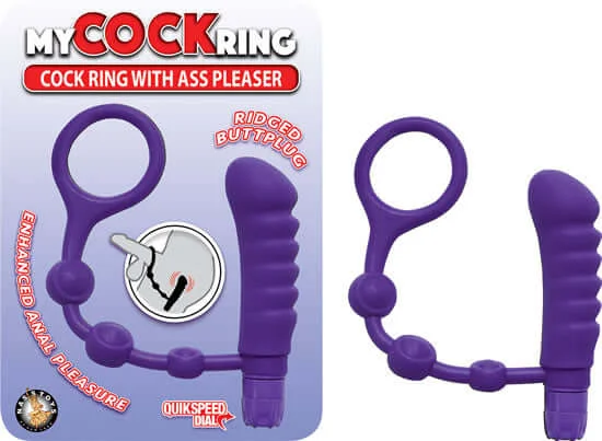 Purple Cock Ring with Ass Pleaser - Quik Speed Vibrations, Enhance Anal Pleasure, Delay Climax